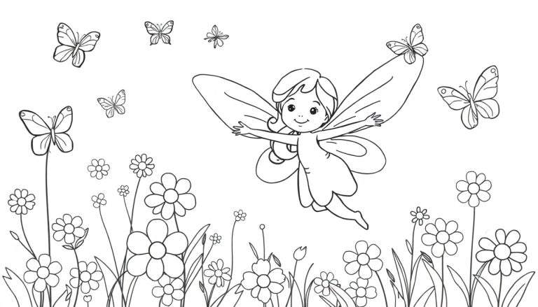 Una página para colorear de una hada volando sobre flores y mariposas, lista para ser coloreada en la placa de color.