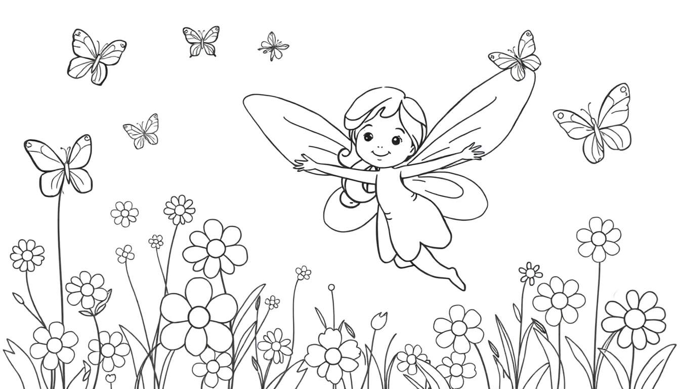 Una página para colorear de una hada volando sobre flores y mariposas, lista para ser coloreada en la placa de color.