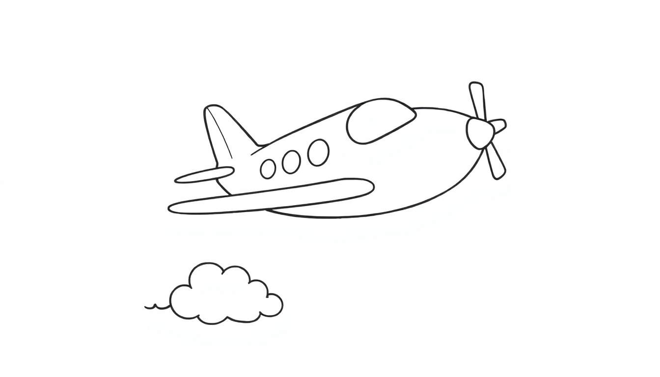 Un avión caricaturizado con tres ventanas y una hélice, volando sobre una pequeña nube, todo en blanco y negro, listo para ser una placa de color.