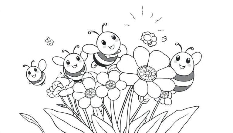 Placa de color de abejas amigables y flores.