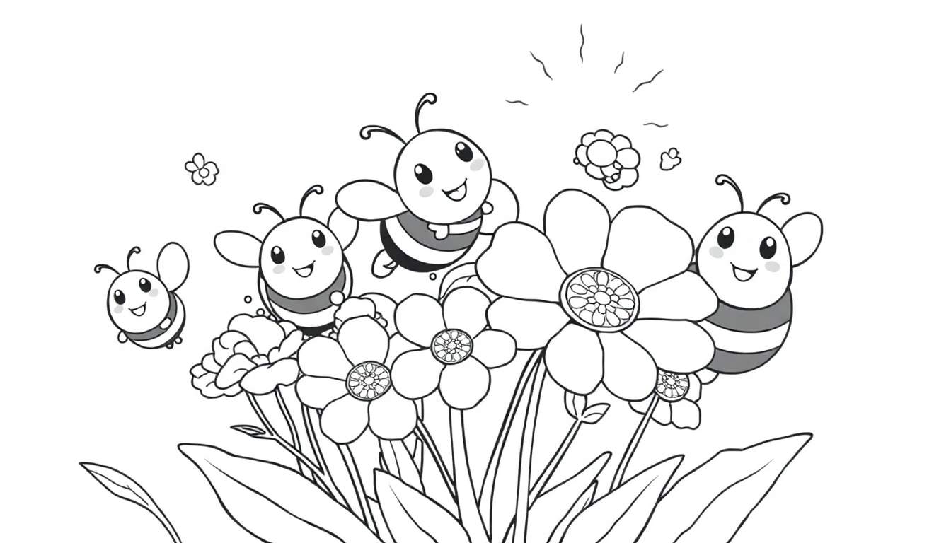 Placa de color de abejas amigables y flores.