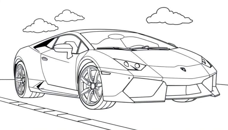 Un coche deportivo de lujo para colorear, un Lamborghini con líneas negras definidas y un cielo nublado.