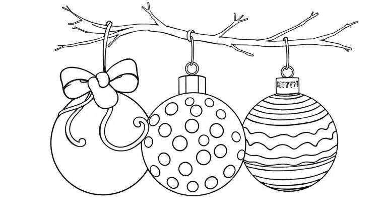 Placa de color para colorear de adornos navideños festivos en una rama de árbol.