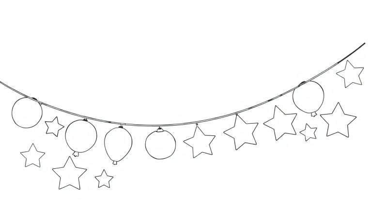 Una placa de color de una guirnalda festiva con globos y estrellas.