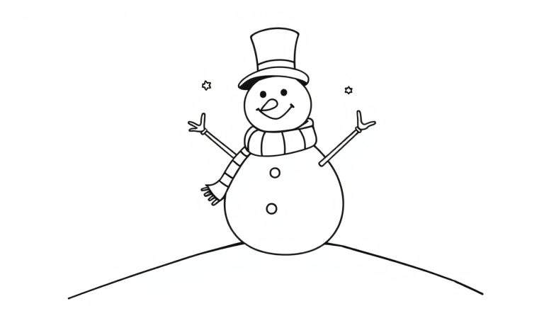 Placa de color de un muñeco de nieve sonriente con sombrero y bufanda, con estrellas a cada lado, sobre un montículo de nieve.