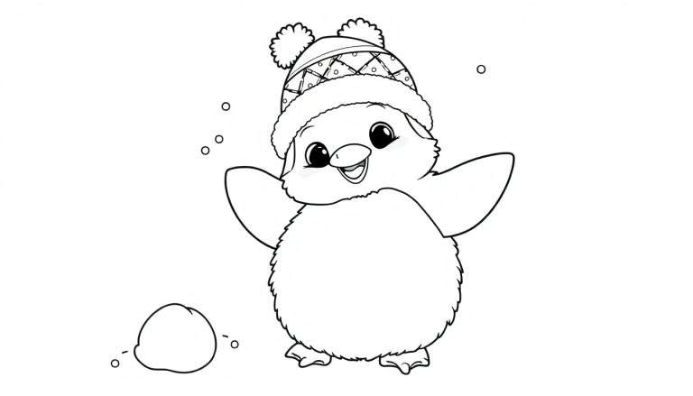 Una placa de color de un pingüino con gorro jugando en la nieve.