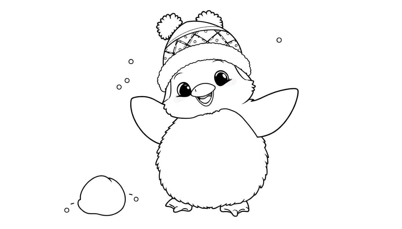 Una placa de color de un pingüino con gorro jugando en la nieve.