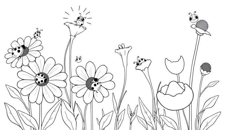 Placa de color con mariquitas y flores