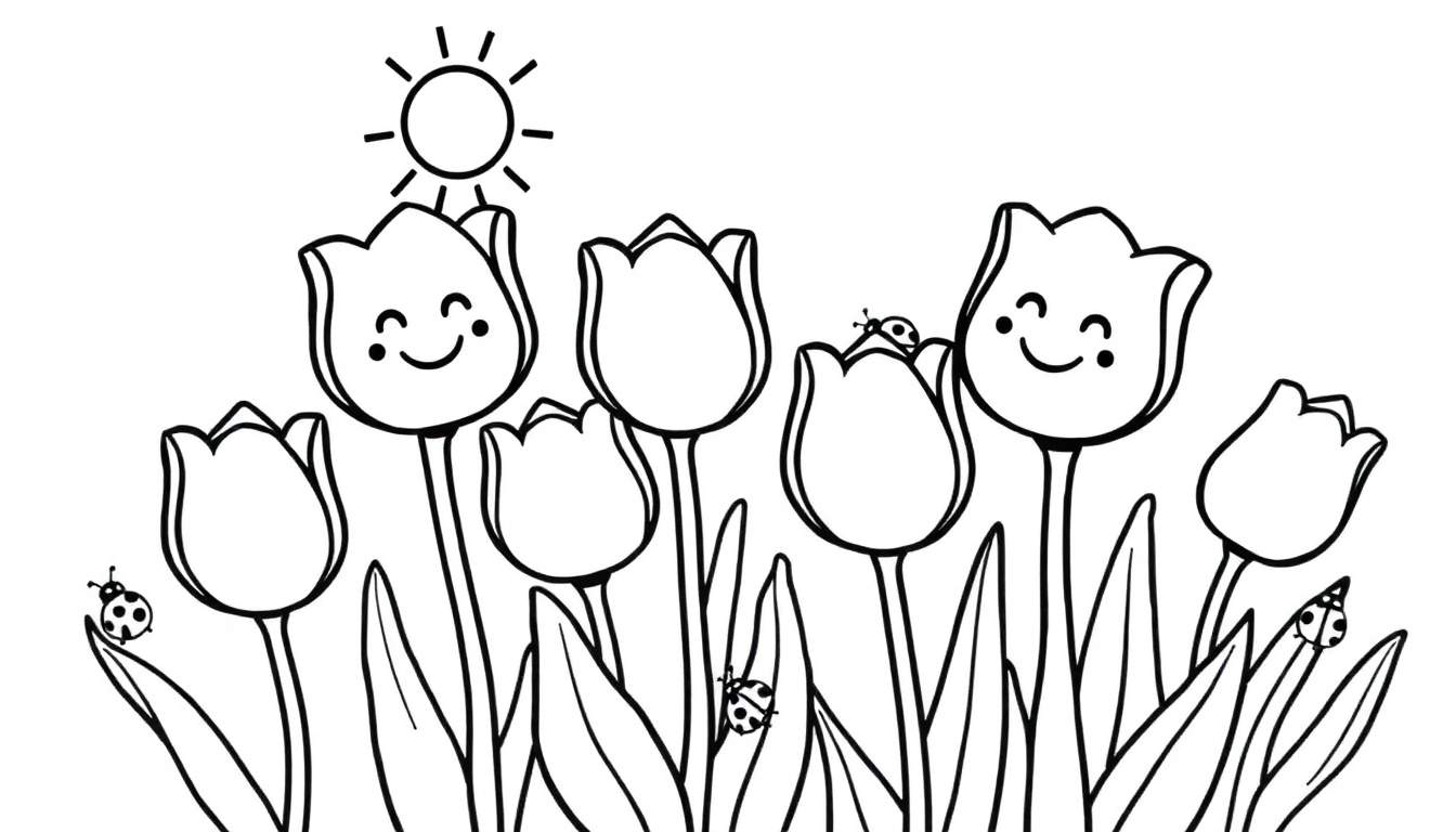 Placa de color con tulipanes sonrientes, mariquitas y un sol.