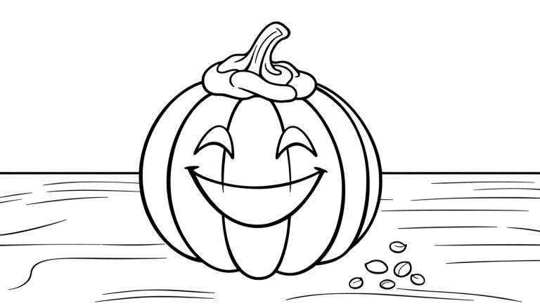 Placa de color de un pastel de calabaza sonriente con ojos de lágrima y un tallo retorcido, con semillas esparcidas debajo.