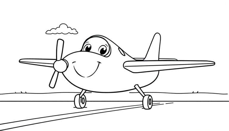 Placa de color de un avión sonriente con hélices y alas.