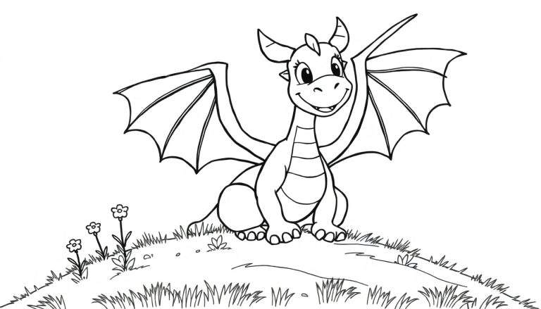 Una placa de color para colorear de un dragón amigable sentado en una colina.