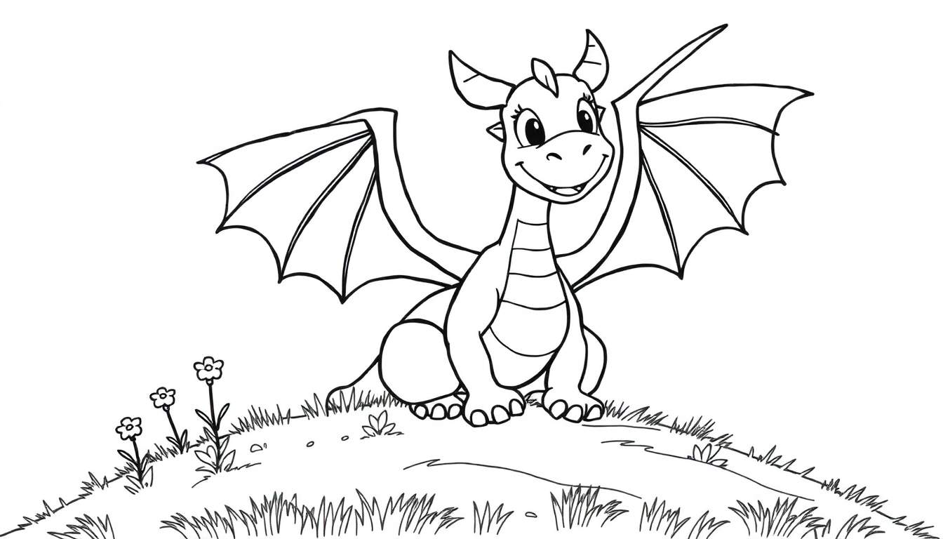 Una placa de color para colorear de un dragón amigable sentado en una colina.