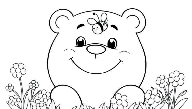 Placa de color de oso de peluche amigable con abeja.