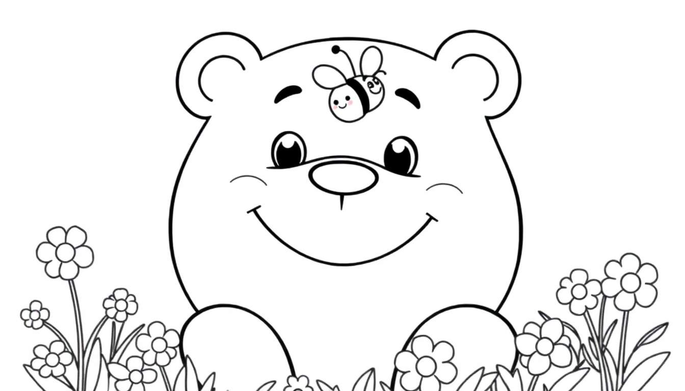 Placa de color de oso de peluche amigable con abeja.
