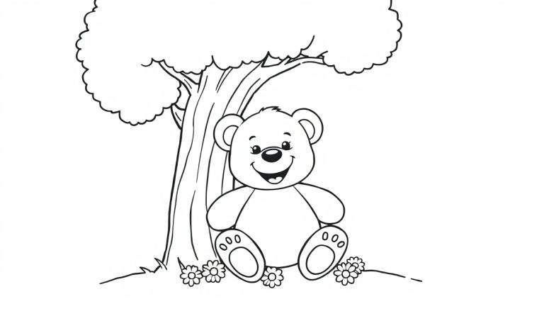 Placa de color de un oso de peluche amistoso sentado bajo un árbol con flores.