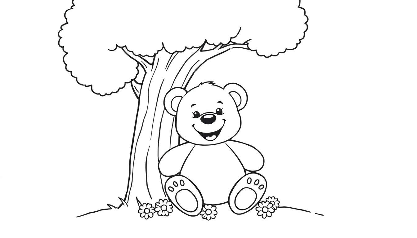 Placa de color de un oso de peluche amistoso sentado bajo un árbol con flores.