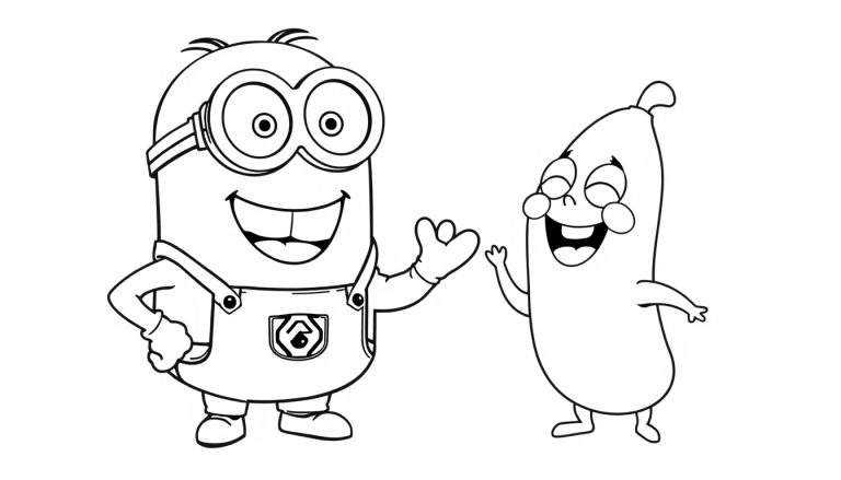 Placa de color de un Minion feliz animando a un bebé plátano.