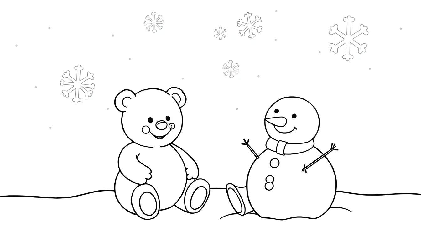 Placa de color: un osito de peluche y un muñeco de nieve amistoso sentados juntos en la nieve con copos de nieve cayendo.