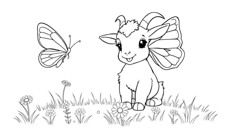 Placa de color: Cabrito de dibujos animados con alas de mariposa jugando con una mariposa en un prado con flores.