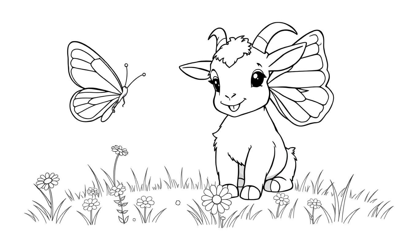 Placa de color: Cabrito de dibujos animados con alas de mariposa jugando con una mariposa en un prado con flores.