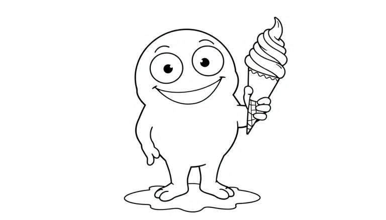 Placa de color de un personaje caricaturesco de helado derritiéndose