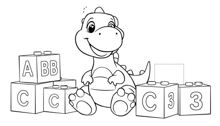 Página para colorear: un dinosaurio de dibujos animados sentado con bloques de construcción con letras y números, placa de color.