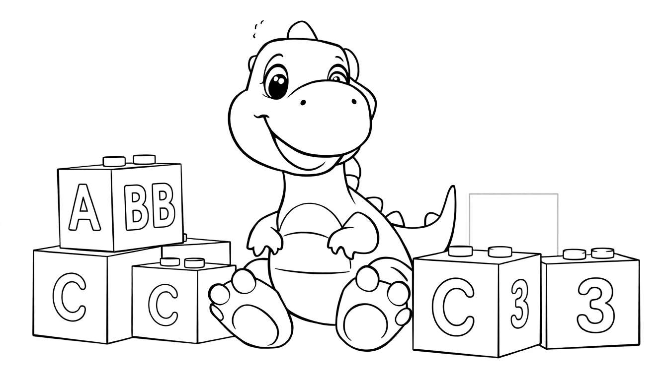 Página para colorear: un dinosaurio de dibujos animados sentado con bloques de construcción con letras y números, placa de color.