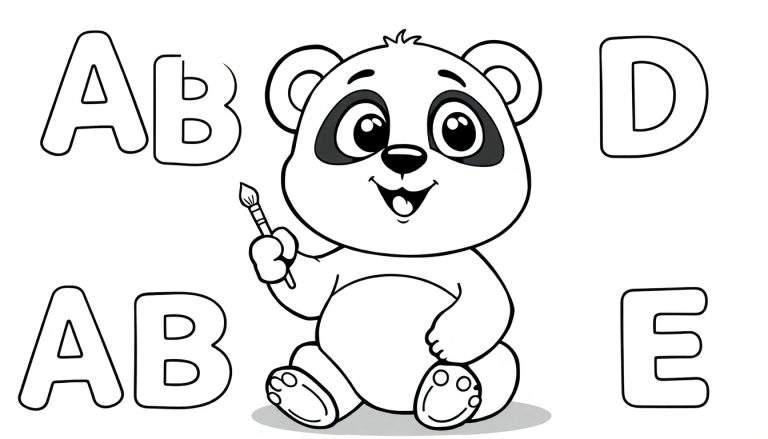 Placa de color de un panda amigable aprendiendo el abecedario.