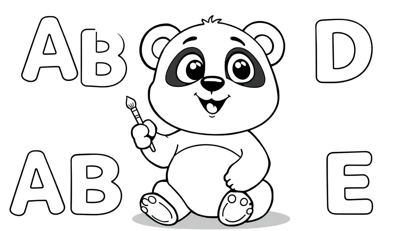 Placa de color de un panda amigable aprendiendo el abecedario.