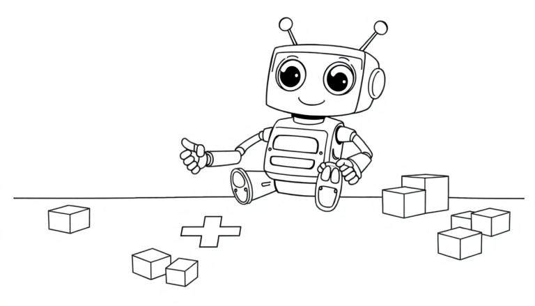 Robot amigable haciendo pulgar arriba al lado de bloques y signo de suma, listo para colorear en la placa de color.