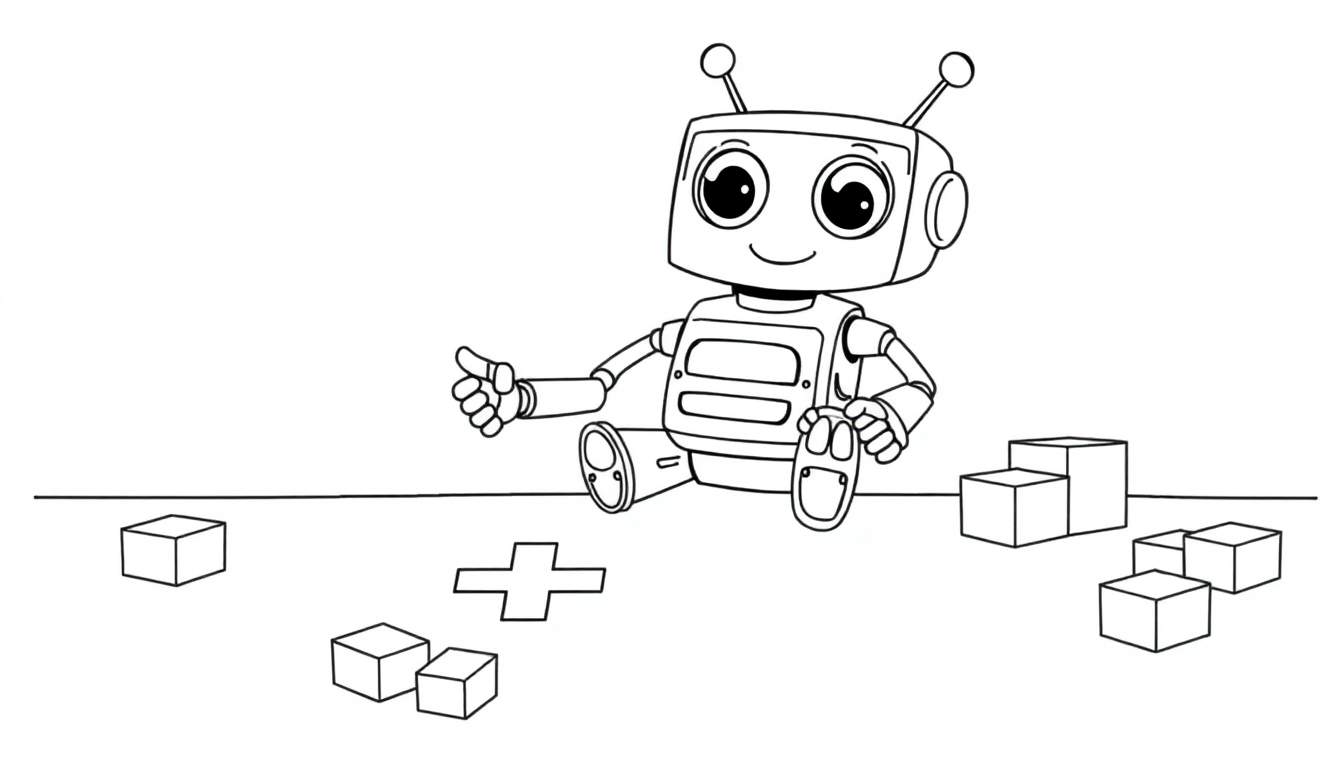 Robot amigable haciendo pulgar arriba al lado de bloques y signo de suma, listo para colorear en la placa de color.