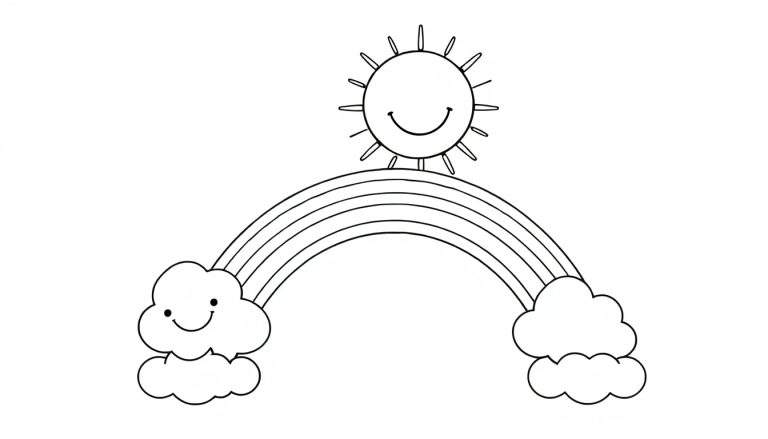 Placa de color de un arcoíris con nubes sonrientes y un sol feliz.