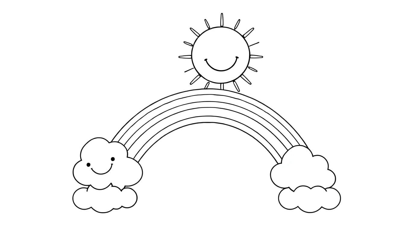Placa de color de un arcoíris con nubes sonrientes y un sol feliz.