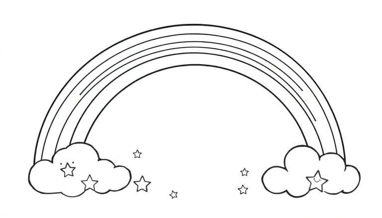 Placa de color de un arcoíris amigable con nubes de algodón de azúcar y estrellas sonrientes.