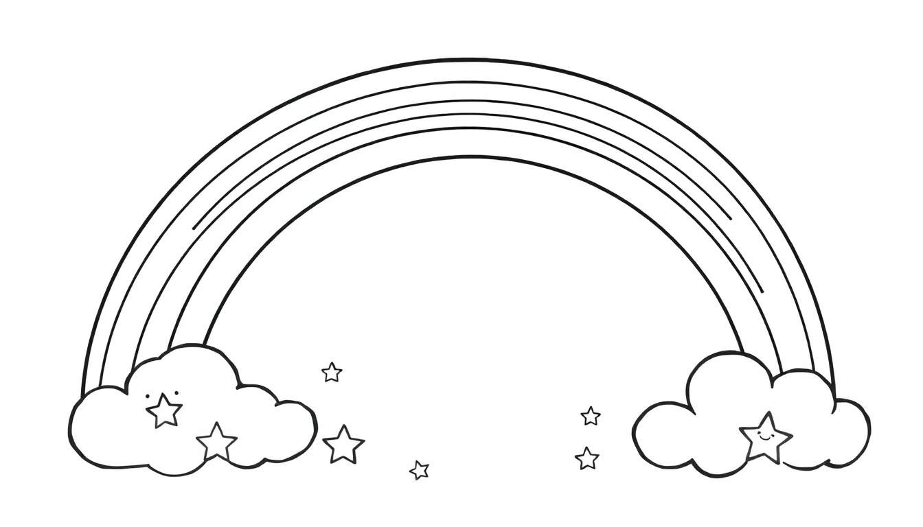 Placa de color de un arcoíris amigable con nubes de algodón de azúcar y estrellas sonrientes.