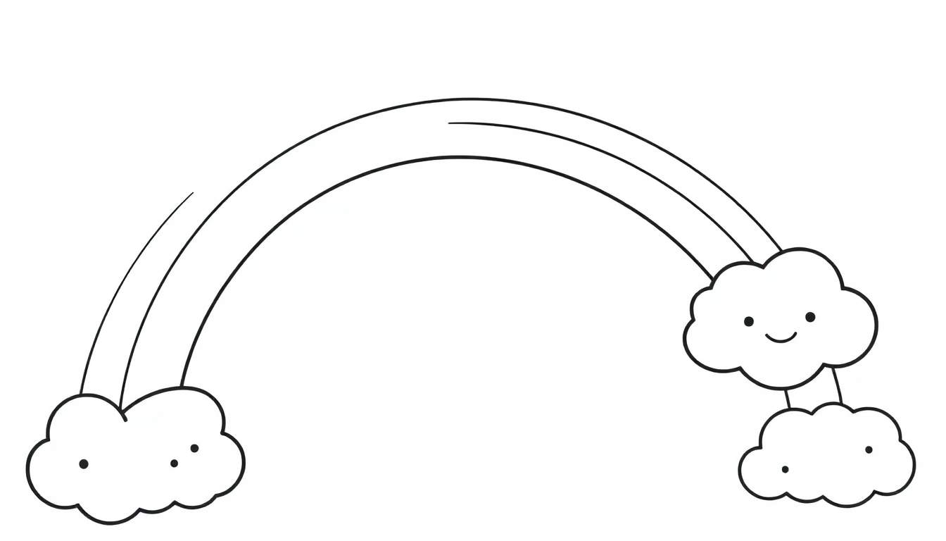 Placa de color de un arcoíris amigable con caras sonrientes en las nubes.