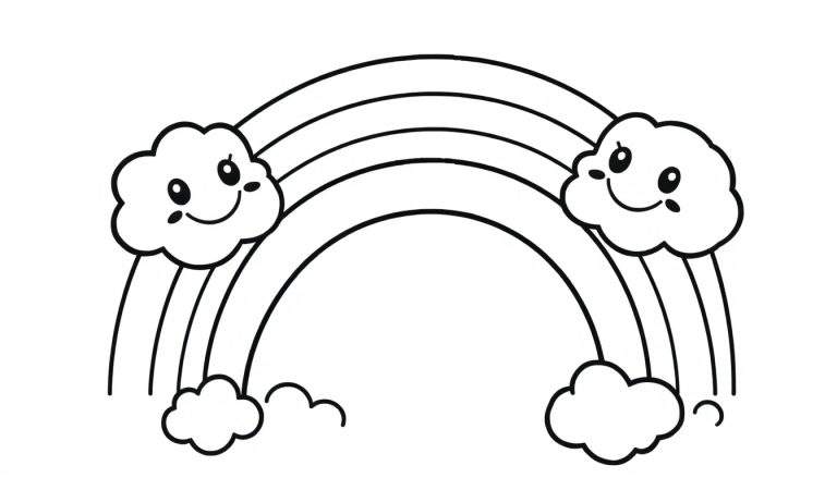 Una placa de color de un arcoíris sonriente con nubes amigables.