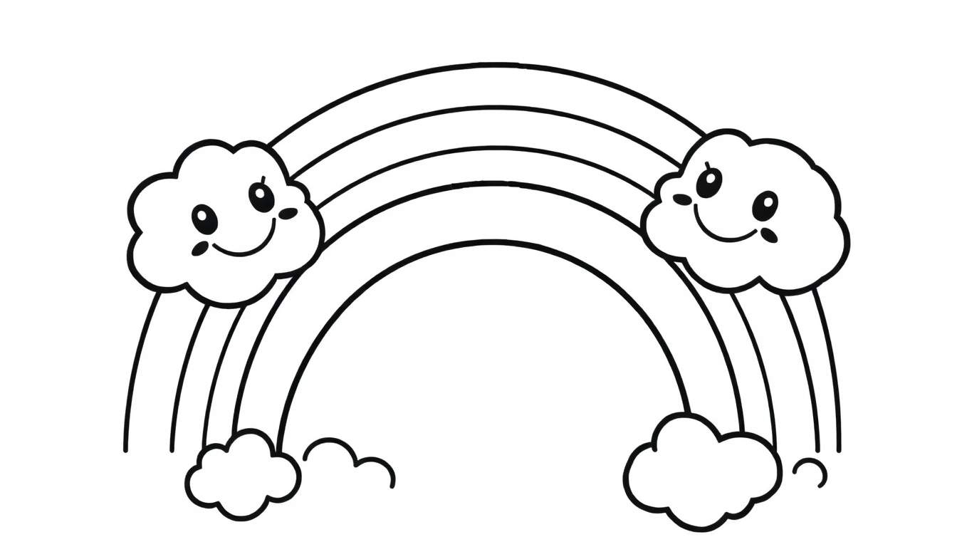 Una placa de color de un arcoíris sonriente con nubes amigables.