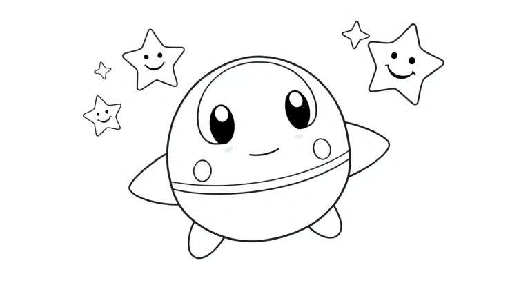 Placa de color: Un planeta adorable con ojos grandes y una sonrisa flotando entre estrellas amistosas.