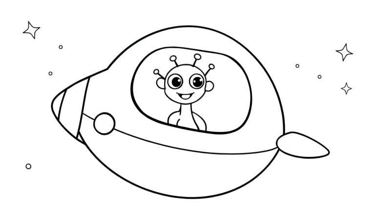 Placa de color de una nave espacial amigable con un extraterrestre sonriente en el espacio.