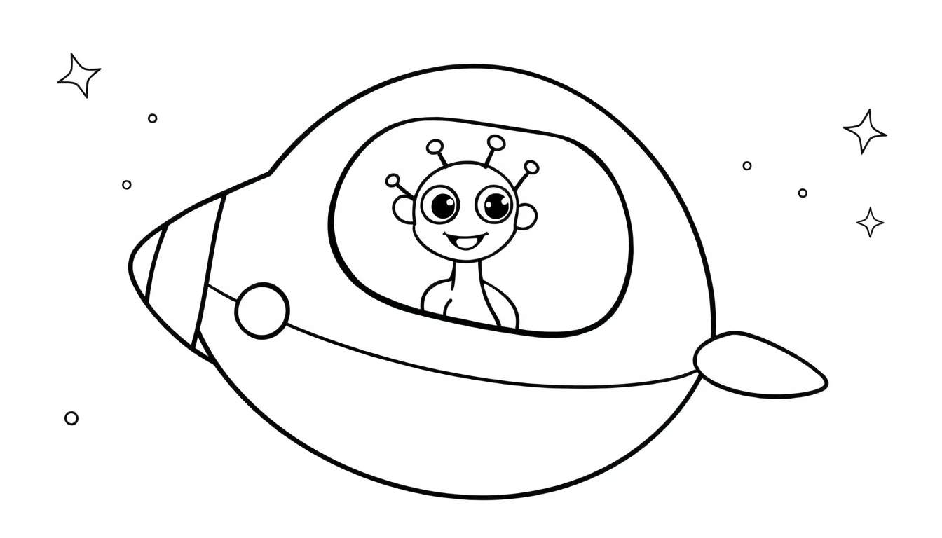 Placa de color de una nave espacial amigable con un extraterrestre sonriente en el espacio.