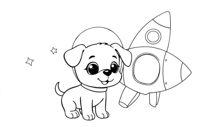 Placa de color de un perrito astronauta con casco y un cohete.