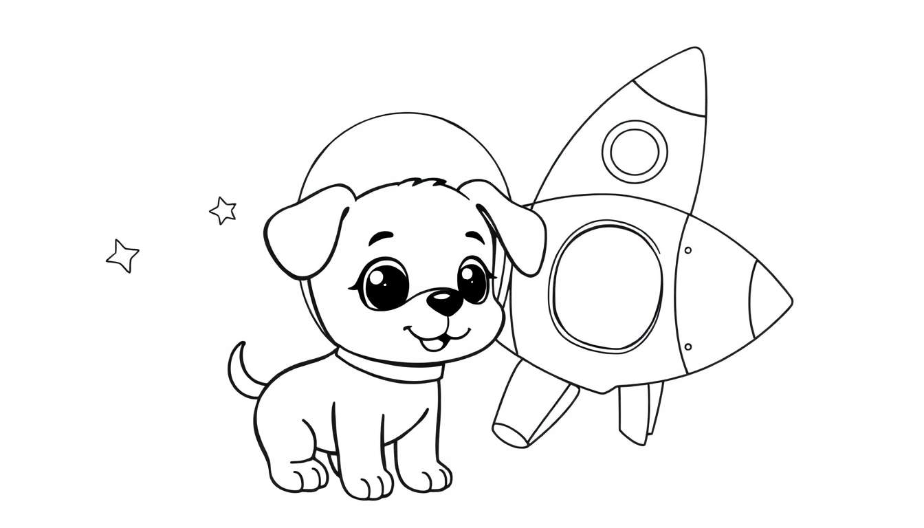 Placa de color de un perrito astronauta con casco y un cohete.