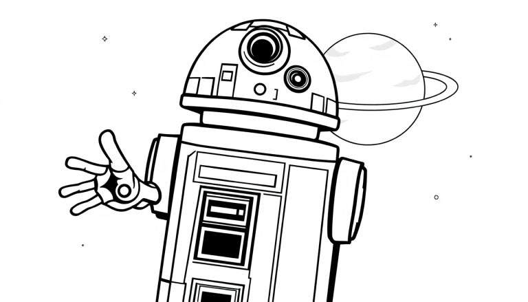 Droid amistoso en su placa de color listo para la aventura espacial.