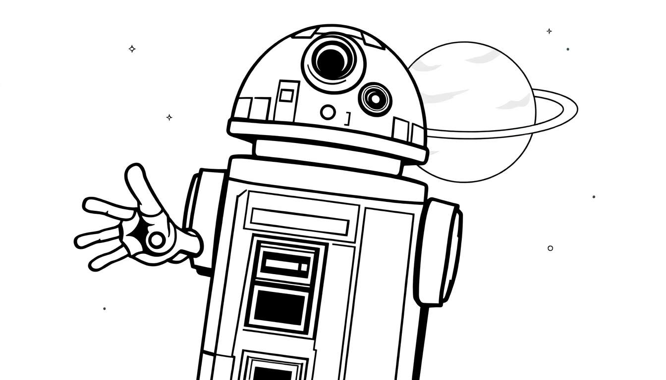 Droid amistoso en su placa de color listo para la aventura espacial.