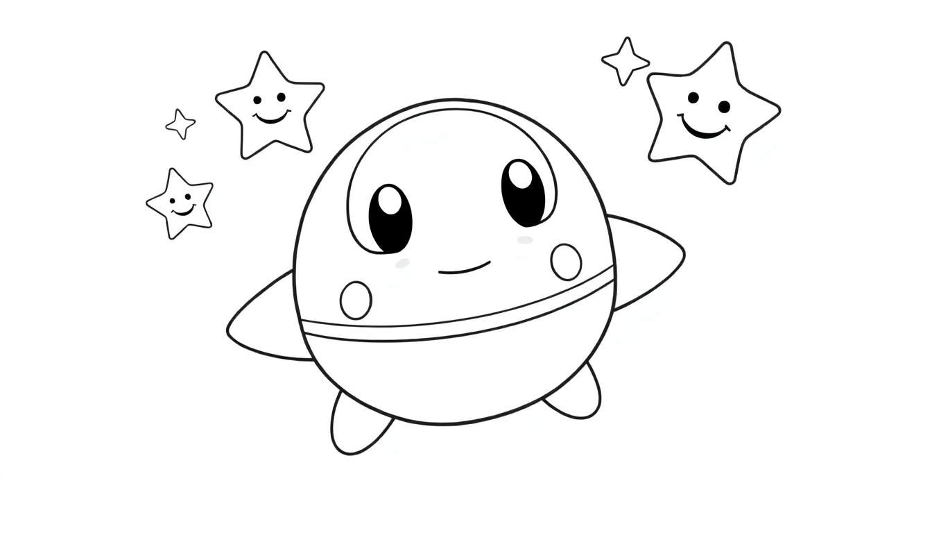 Placa de color: Un planeta adorable con ojos grandes y una sonrisa flotando entre estrellas amistosas.