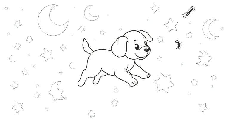 Placa de color de un cachorro feliz jugando en un cielo nocturno con estrellas y lunas.