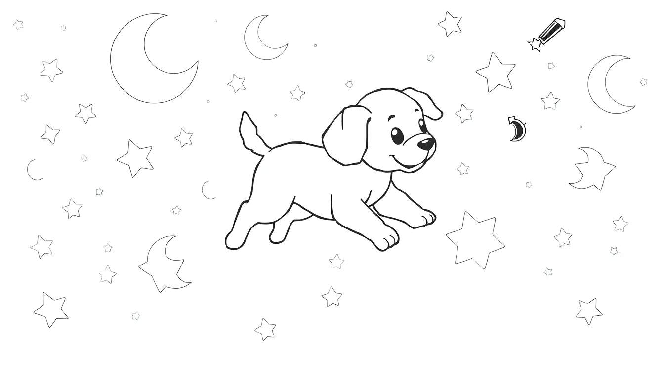 Placa de color de un cachorro feliz jugando en un cielo nocturno con estrellas y lunas.