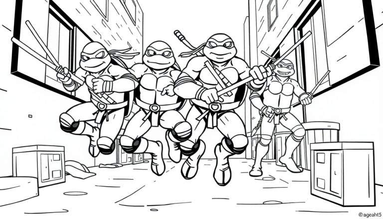 Tortugas Ninja listas para colorear en una placa de color, sujetando sus armas.